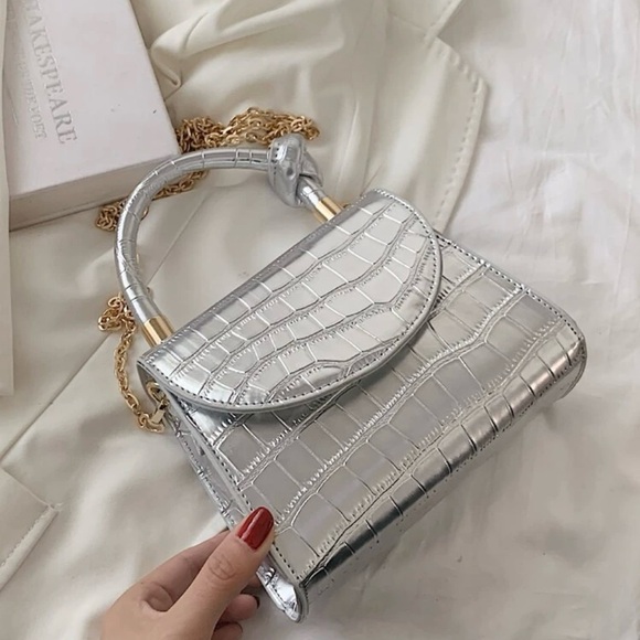 Silver Crocodile-Embossed Mini Handbag with Chain Strap - Picture 7 of 10